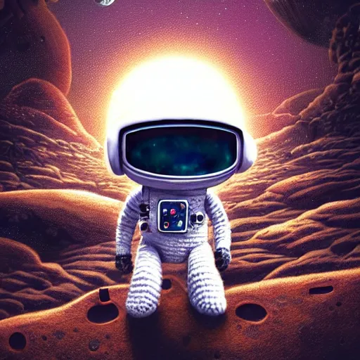 Prompt: cute robot crochet astronaut traveling alone on mars. yarn, cute, illustration, digital art, inspired by little big planet, by greg rutkowski, detailed, sharp, masterpiece, highly detailed, photorealistic, octane render, 8 k, unreal engine 5, trending on artstation, cinematic