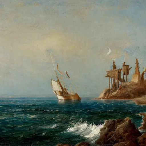 Image similar to A coast with sand and small rocks with a blue sky and a troubled sea and an old sailing ship on the horizon and in the sky is a flock of birds flying southwards, painted in oil colours