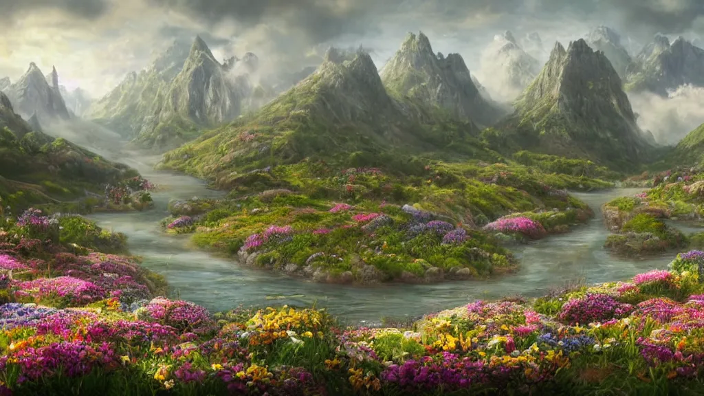 Prompt: Beautiful hyperrealistic detailed matte painting of a Landscape with a wide river in the middle of a meadow full of colorful flowers on the lost Vibes and mountains in the background, at the center there's a giant medieval fantasy portal gate with a rusty gold carved lion face at the center of it that takes you to another world, spring, delicate fog, sea breeze rises in the air, by andreas rocha and john howe, and Martin Johnson Heade, featured on artstation, featured on behance, golden ratio, ultrawide angle, f32, well composed