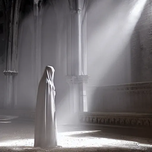 Prompt: a female banshee robed in white cloth standing inside a ruined cathedral, sunlight shining through the ceiling over the white clothed banshee, realistic lighting