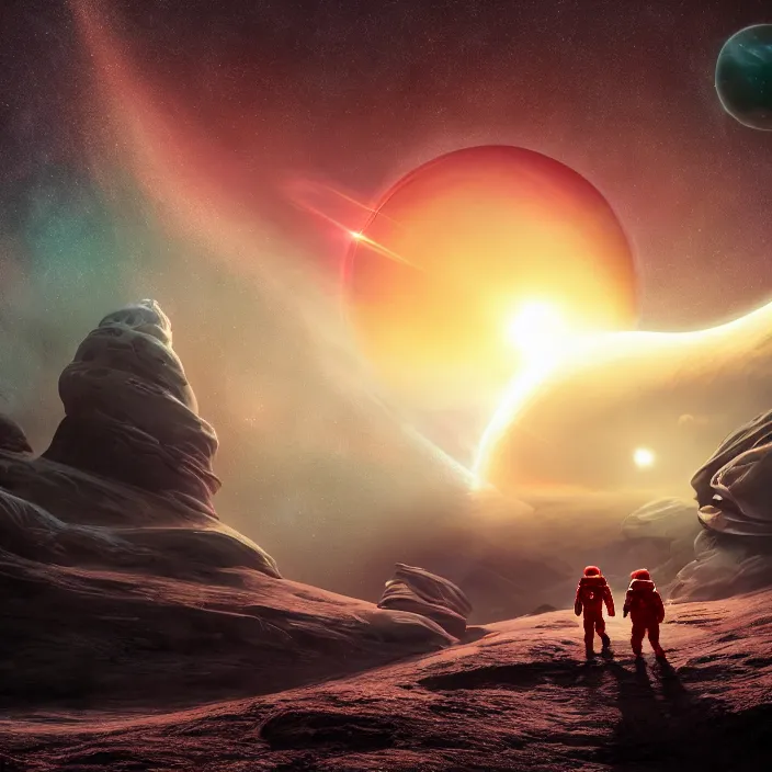 Prompt: a astronaut walking on a alien planet with a red giant galaxy appearing in the sky, digital art, concept art, trending on DeviantArt, highly detailed, high quality, 8K HDR, cinematic lighting, breathtaking image