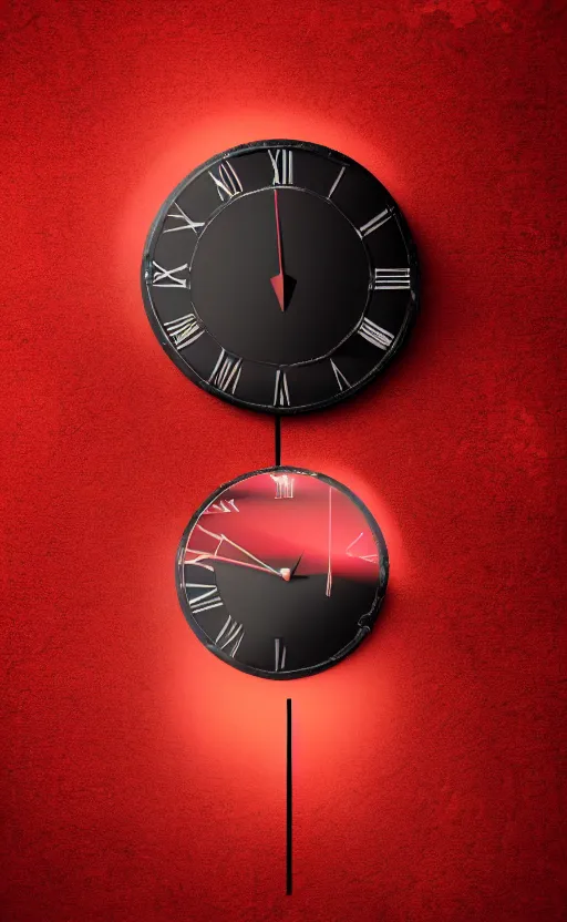 Image similar to a melting Roman numeral clock, behind a red and black gradient background, awith a black heart shaped on the top left corner and a black diamond card shape in the bottom right corner, dynamic lighting, photorealistic fantasy concept art, trending on art station, stunning visuals, cinematic, creative, ultra detailed