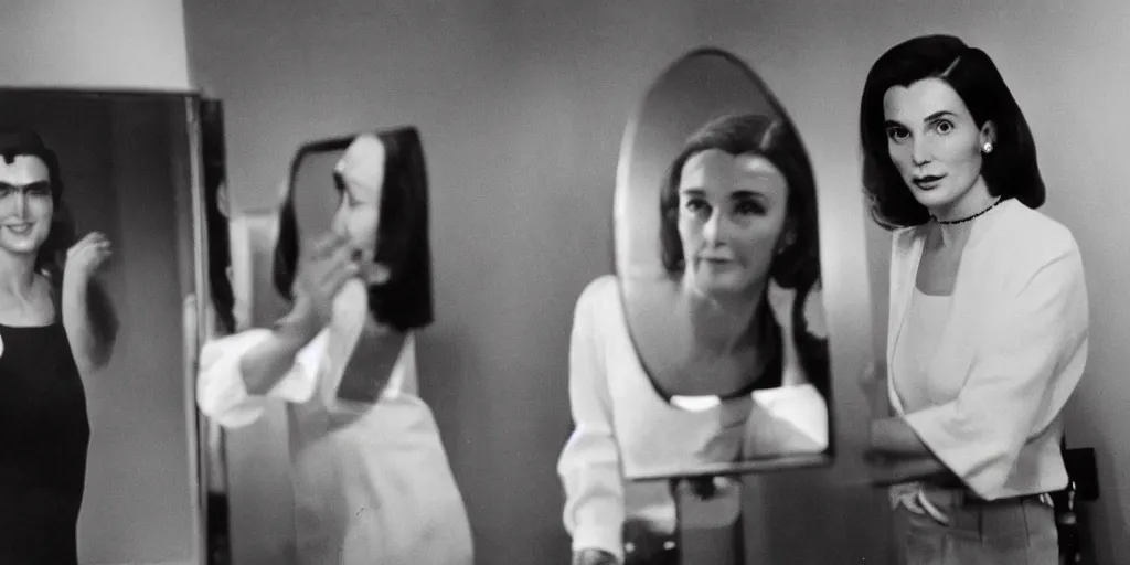 Prompt: ultra wide angle color photo of beautiful young nancy pelosi dressed in a white blouse and black dress pants as diana prince looking at herself in a bathroom mirror and seeing her reflection as wonder woman