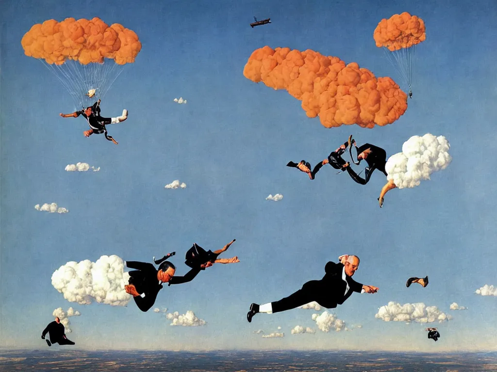 Image similar to benjamin netanyahu skydiving, plane and parachute in background, by norman rockwell and rene magritte, highly detailed