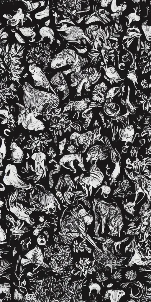 Image similar to animals and plants on a black background, wallpaper, Illustration, Anatomical Drawing, Painting