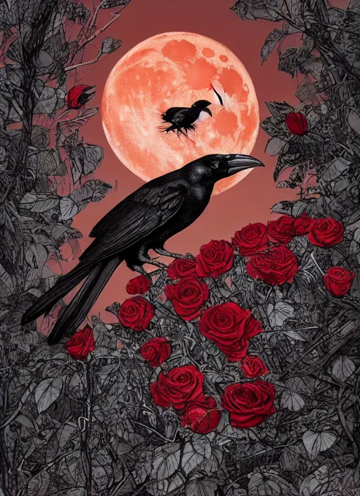 Image similar to portrait, A crow with red eyes in front of the full big moon, book cover, red roses, red white black colors, establishing shot, extremly high detail, foto realistic, cinematic lighting, pen and ink, intricate line drawings, by Yoshitaka Amano, Ruan Jia, Kentaro Miura, Artgerm, post processed, concept art, artstation, matte painting, style by eddie mendoza, raphael lacoste, alex ross