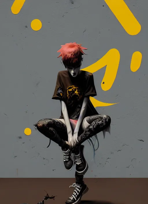 Image similar to highly detailed matte painting, of punk girl sitting on maximalist 3 d calligraphy graffiti tag light eroding grey walls, by atey ghailan, by greg rutkowski, by greg tocchini, by james gilleard, by joe fenton, by kaethe butcher, yellow, brown, black and cyan mystical color scheme, grunge aesthetic, octane render