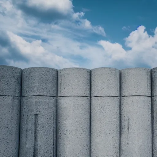 Prompt: a flate endless plane of concrete covered in concrete pillars that go on to the horizon, open sky, blue sky with clouds