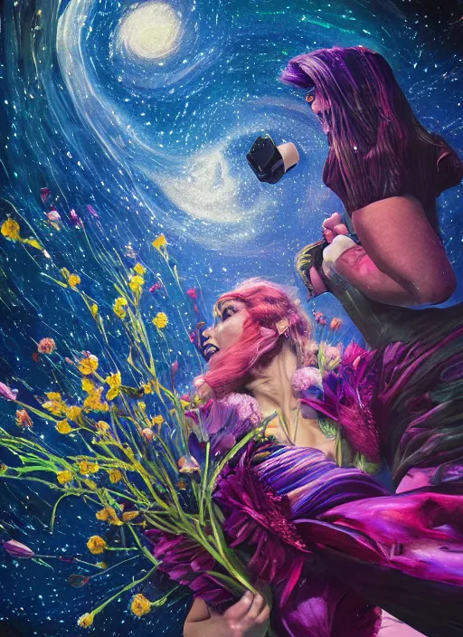 Image similar to An epic fantastic realism comic book style painting of the most beautiful entwined flowers launched across the dark and starry night sky, nebulous bouquets, fisheye lens, unreal 5, DAZ, hyperrealistic, octane render, dynamic lighting