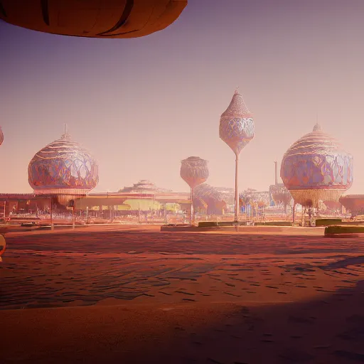 Image similar to Futuristic Marrakech Morocco, in the style of beeple and Mike Winkelmann, photo real, ultra realistic, intricate, epic lighting, 8k resolution, unreal engine 5, ultraviolet colors