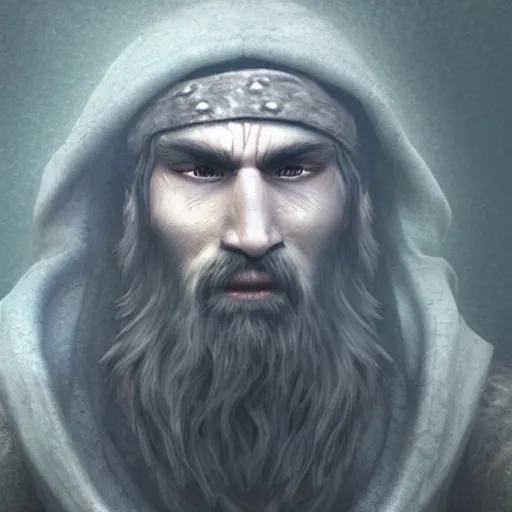 Image similar to close up realistic face of a druid man, light fog,