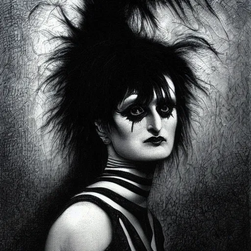 Image similar to siouxsie sioux, creepy atmosphere, dark, portrait, realistic, very realistic, illustration by gustave dore