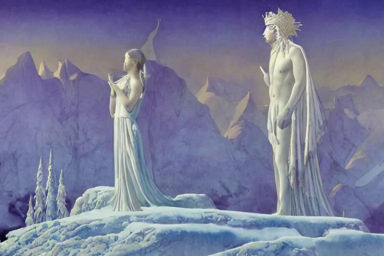 Image similar to The frozen God still couchant on the earth, and the sad Goddess weeping at his feet- until at length old Saturn lifted up his faded eyes, and saw his kingdom gone, and all the gloom and sorrow of the place, and that fair kneeling Goddess, matte painting by Maxfield Parrish