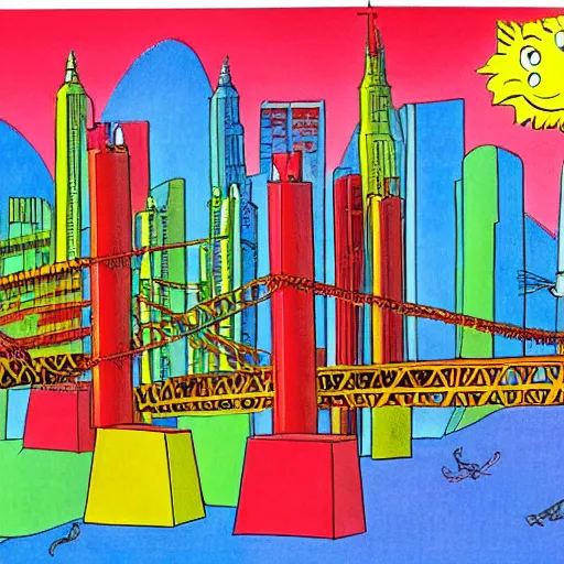 Prompt: colorful city by dr seuss, with towers, bridges, stairs, inhabited by creatures