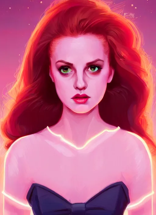 Image similar to full body portrait of teenage cheryl blossom, bangs, green eyes, sultry expression, red hair, sultry smirk, bangs and wavy hair, pink skirt, intricate, elegant, glowing lights, highly detailed, digital painting, artstation, concept art, smooth, sharp focus, illustration, art by wlop, mars ravelo and greg rutkowski