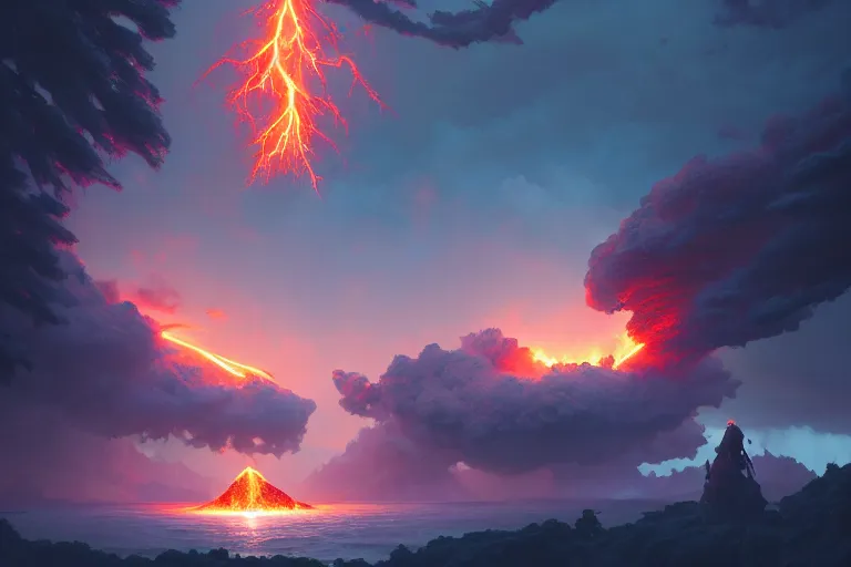 Prompt: lava, thunder, cumulonimbus, giant tree, unreal engine, fantasy art by greg rutkowski, loish, rhads, ferdinand knab, makoto shinkai and lois van baarle, ilya kuvshinov, rossdraws, tom bagshaw, global illumination, radiant light, detailed and intricate environment