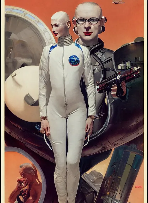 Prompt: 5 0 s pulp science fiction illustration full length portrait of scifi slim elegant albino woman in tight - fitting spacesuit, shaved head, cinematic, detailed, dynamic, norman rockwell, adebanji alade, everett raymond kinstler, artgerm, daniel gerhartz, greg rutkowski