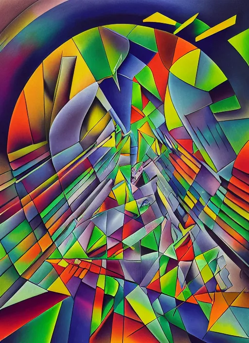 Image similar to A surreal painting of a shattered abstract cubism 3d origami cityscape made of expressive abstract exploded calligraphy font in a tunnel-like 3 point perspective by hr giger and Vladimir kush by dali by kandinsky, 3d, realistic shading, complimentary colors, neon tint, aesthetically pleasing composition, masterpiece, 4k, 8k, ultra realistic, super realistic,