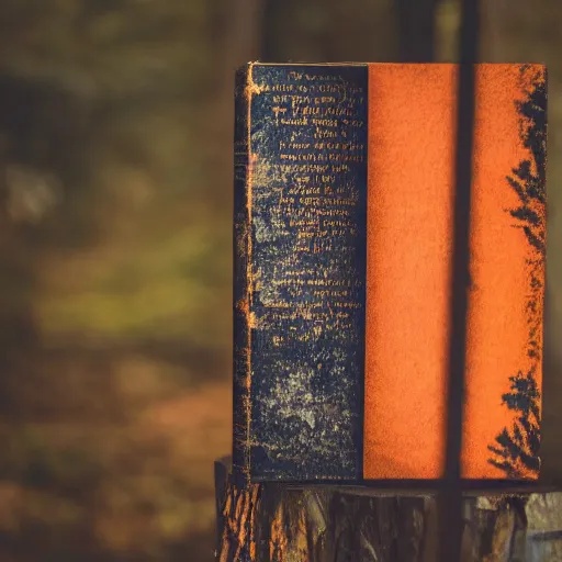 Image similar to award winning photography of a creepy book, creepy forest background, burnt orange and navy hues, 40mm lens, shallow depth of field, split lighting