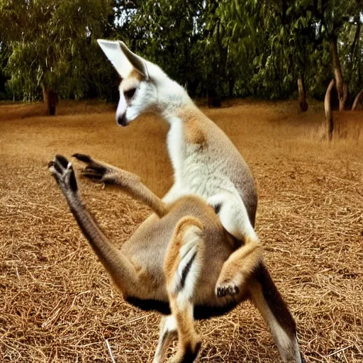 Image similar to a kangaroo and a very cute white rural dog photograph, high quality, award winning, National Geographic