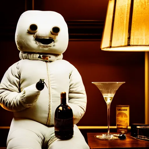 Image similar to cinematic photo of a taxidermied michelin man drinking a scotch on the rocks in a fancy old fashioned smoking room