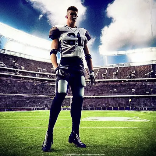 Image similar to “ a realistic detailed photo of a guy who is an attractive humanoid who is half robot and half humanoid, who is a male android, football player christian mccaffrey, shiny skin, posing like a statue, blank stare, on the field, on display ”