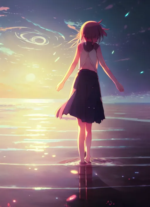 Prompt: anime girl walking on water, ripples, backdrop of dawn, saturn in the background, illustration, concept art, anime, key visual, trending pixiv fanbox by wlop and greg rutkowski and makoto shinkai and studio ghibli