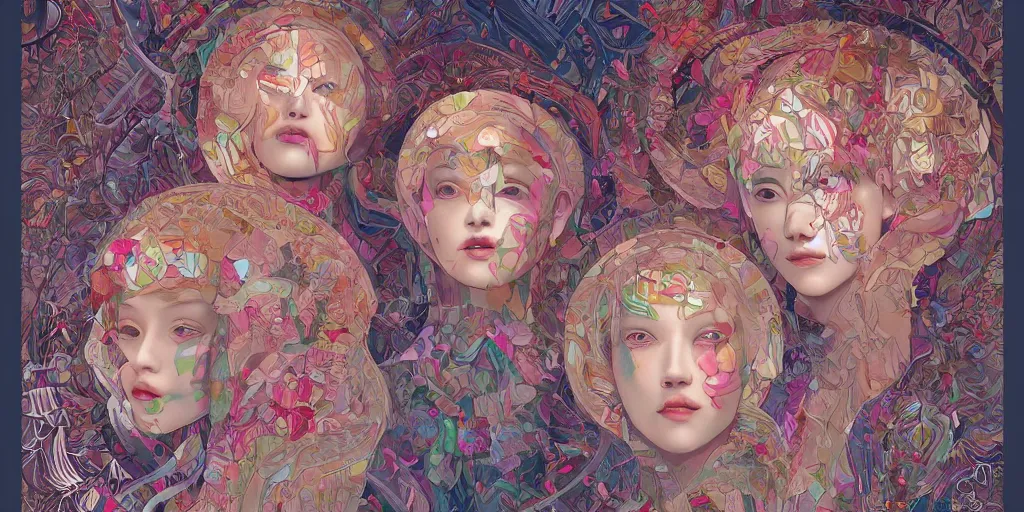 Prompt: breathtaking detailed concept art painting kaleidoscope art deco pattern of blonde faces goddesses amalgamation winter, by hsiao - ron cheng, bizarre compositions, exquisite detail, extremely moody lighting, 8 k