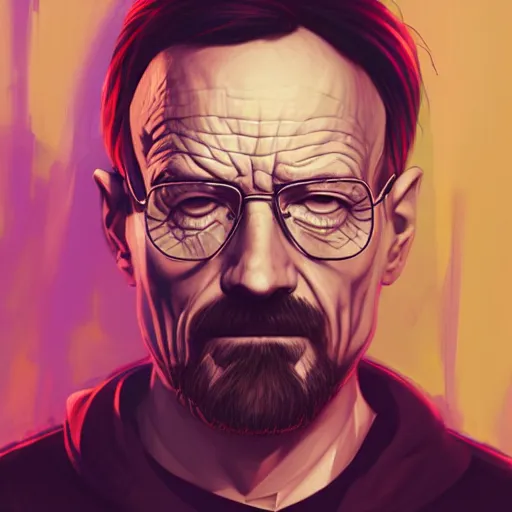 Prompt: high quality illustration, walter white realistic portrait, cyberpunk colors, riot game, alexandre bourlet, vaporwave, retro, neotrad, lois van baarle, moebius, league of legend, digital painting, james jean