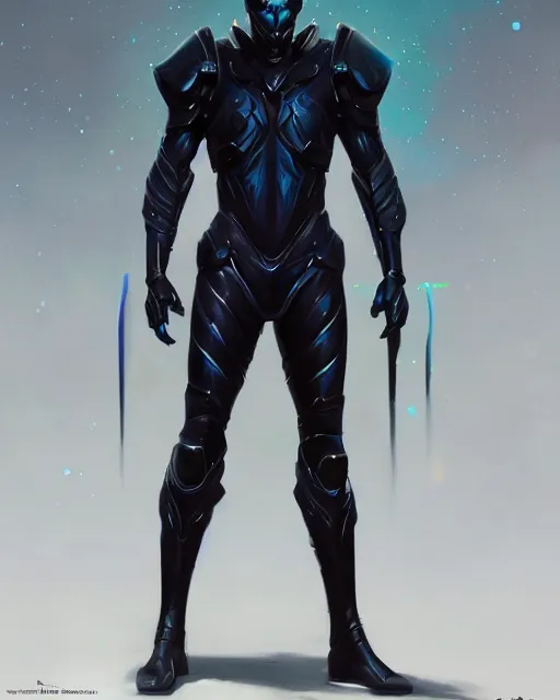 Image similar to character concept of iridescent sinewy smooth muscular male sleek glossy indigo black pearlescent scifi armor with smooth black flat featureless helmet, by greg rutkowski, mark brookes, jim burns, tom bagshaw, magali villeneuve, trending on artstation