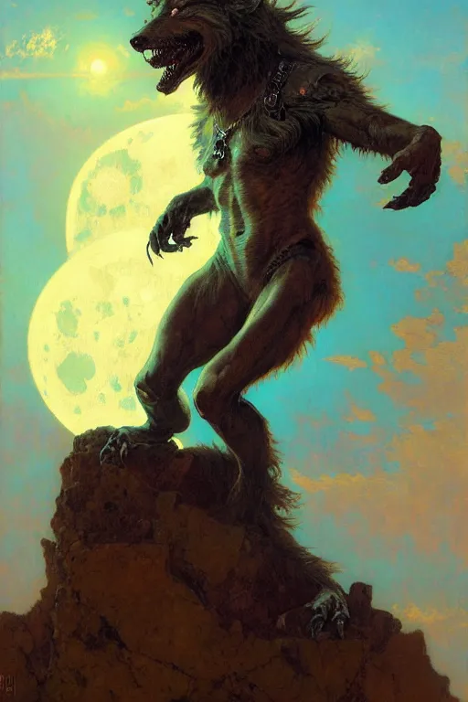 Prompt: pearlescent turquoise moon, wolf monster, painting by gaston bussiere, craig mullins, greg rutkowski, alphonse mucha, trending on artstation