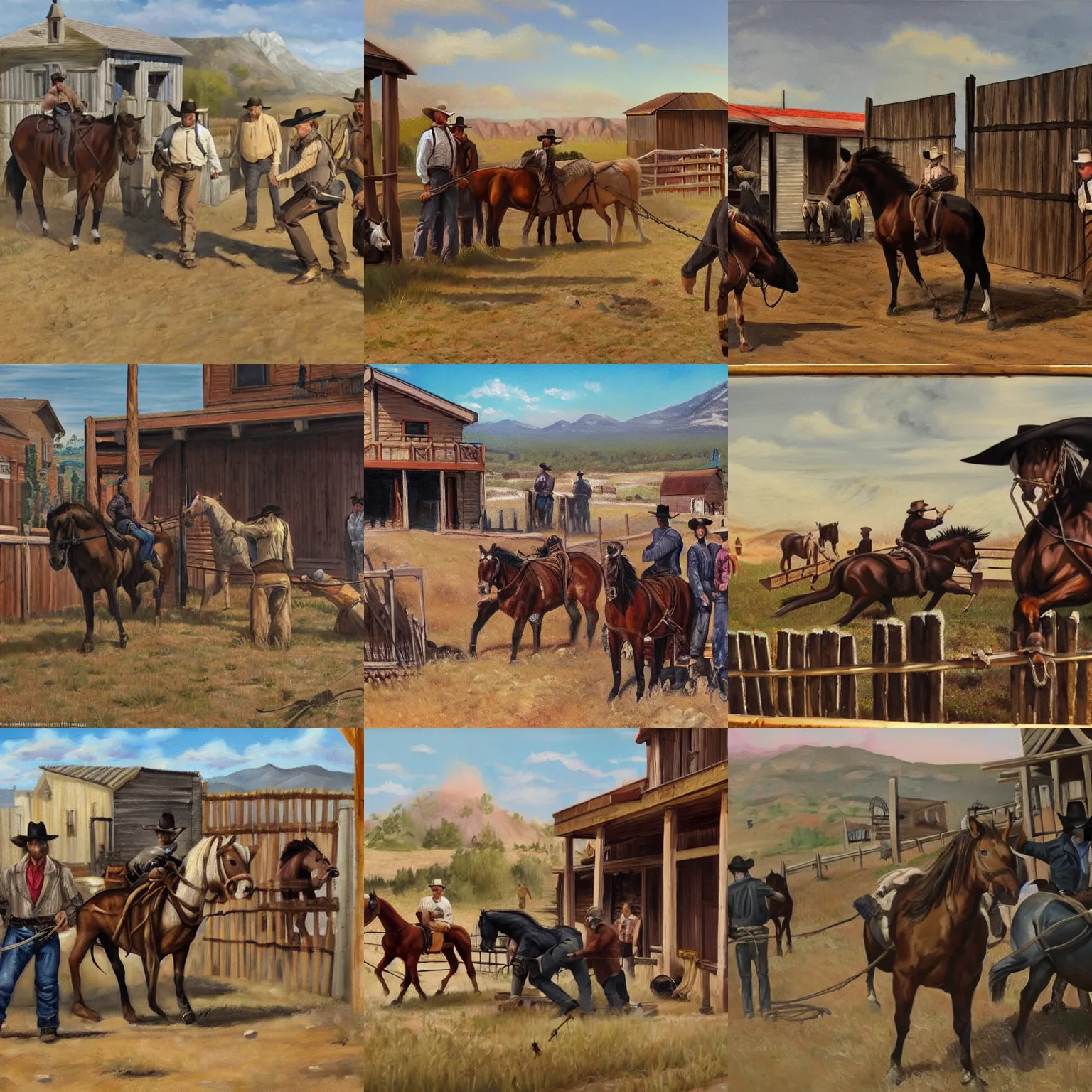 Prompt: a painting in realism style of an old west outlaw town while a shootout is happening. there is a woman covering her eyes and and townsfolk looking nervous. 2 horses are tied up to a fence.