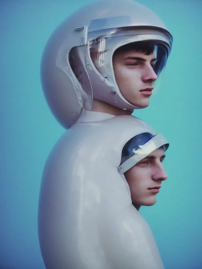 Prompt: high quality pastel coloured film portrait photograph of a beautiful young 2 0 year old male, soft facial features, short hair, wearing perspex space helmet and oversized inflated clothing!! icelandic black rock pool environment. atmospheric three point light. photographic. art directed. ( pastel colours ). volumetric. clearcoat. waves. 8 k. filmic.