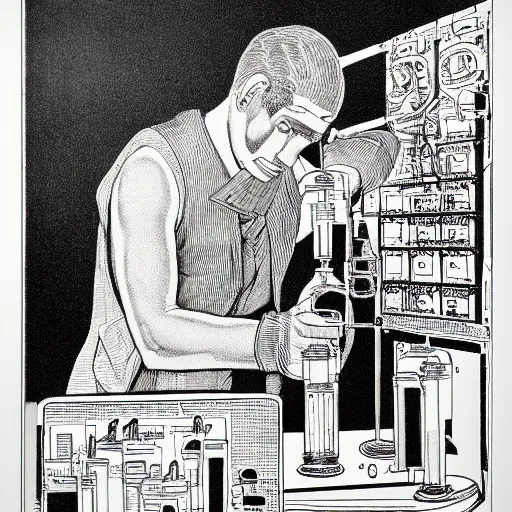 Image similar to a black and white drawing of a man in a lab, a mid - nineteenth century engraving by eduardo paolozzi, behance, les automatistes, concert poster, poster art, tarot card