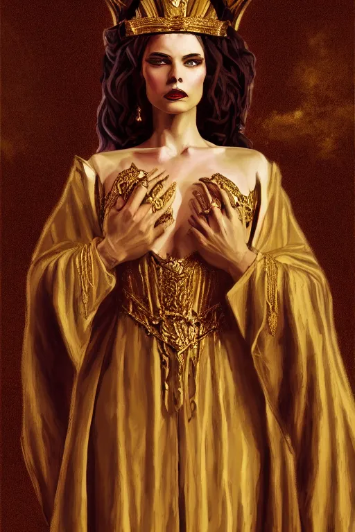 Image similar to Portrait of historically accurate, ancient biblical, sultry, sneering, evil, pagan, wicked, queen jezebel, wearing gilded robes, long hair, intricate, elegant, highly detailed, masterpiece, illustration, art by Andrew Loomis, highly detailed, trending on artstation, award winning