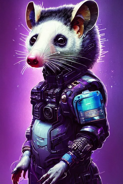 Image similar to a beautiful portrait of a cute cyberpunk opossum by sandra chevrier and greg rutkowski and wlop, purple blue color scheme, high key lighting, volumetric light, digital art, highly detailed, fine detail, intricate, ornate, complex, octane render, unreal engine, photorealistic