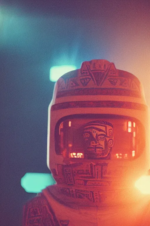 Prompt: agfa vista 4 0 0 portrait photograph of a meso american guy on a spaceship, aztec face mask, ancient yet futuristic, meso american aesthetic, aztec aesthetic, synth vibe, vaporwave colors, lens flare, moody lighting, moody vibe, telephoto, 9 0 s vibe, blurry background, grain, tranquil, calm, faded!,