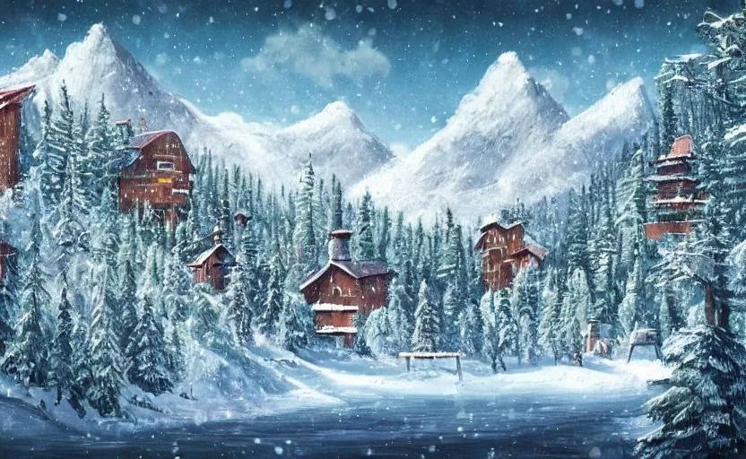 Image similar to snowy northern frontier town, tall pine forest and moutains, fantasy art