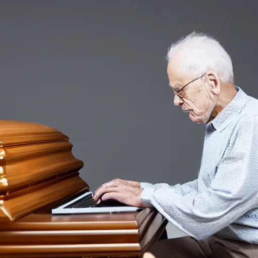 Image similar to elderly man sitting inside a casket browsing internet on laptop from a casket casket