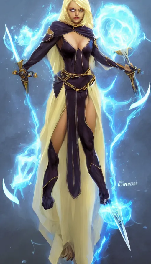 Prompt: Alluring Mesmer Woman, grown up, light yellow hair, blue eyes, dark brown skin, Light blue robes, covered, and dual swords, multiple illusory arms, by Frank Franzetta, cgsociety, artstationHD, safebooru, high quality, HD