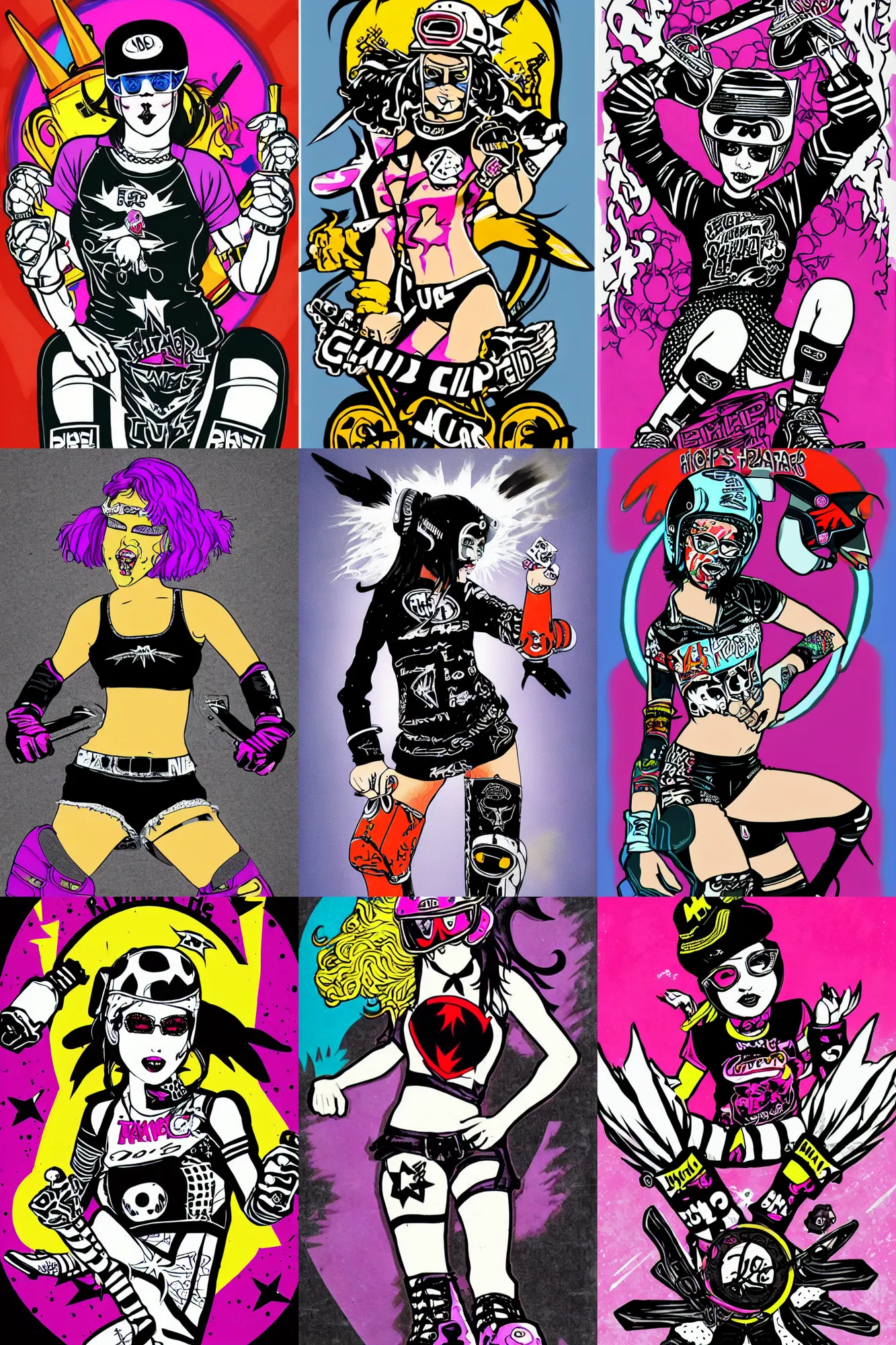 Prompt: hip goth chick as roller derby girl portrait,team logo, wearing skating helmet, wearing quad skates, wearing knee and elbow pads, dynamic skating, Philippe Caza