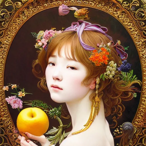 Prompt: a masterpiece ultrarealistic ultradetailed portrait of beautiful love fishmonger jewelry genius girl on fruits street market baroque renaissance. medium shot, intricate, elegant, by stanley artgerm lau, wlop, alphonse mucha, rossdraws, andrei riabovitchev, yoshitaka amano. flower background my james jeand and takashi murakami.