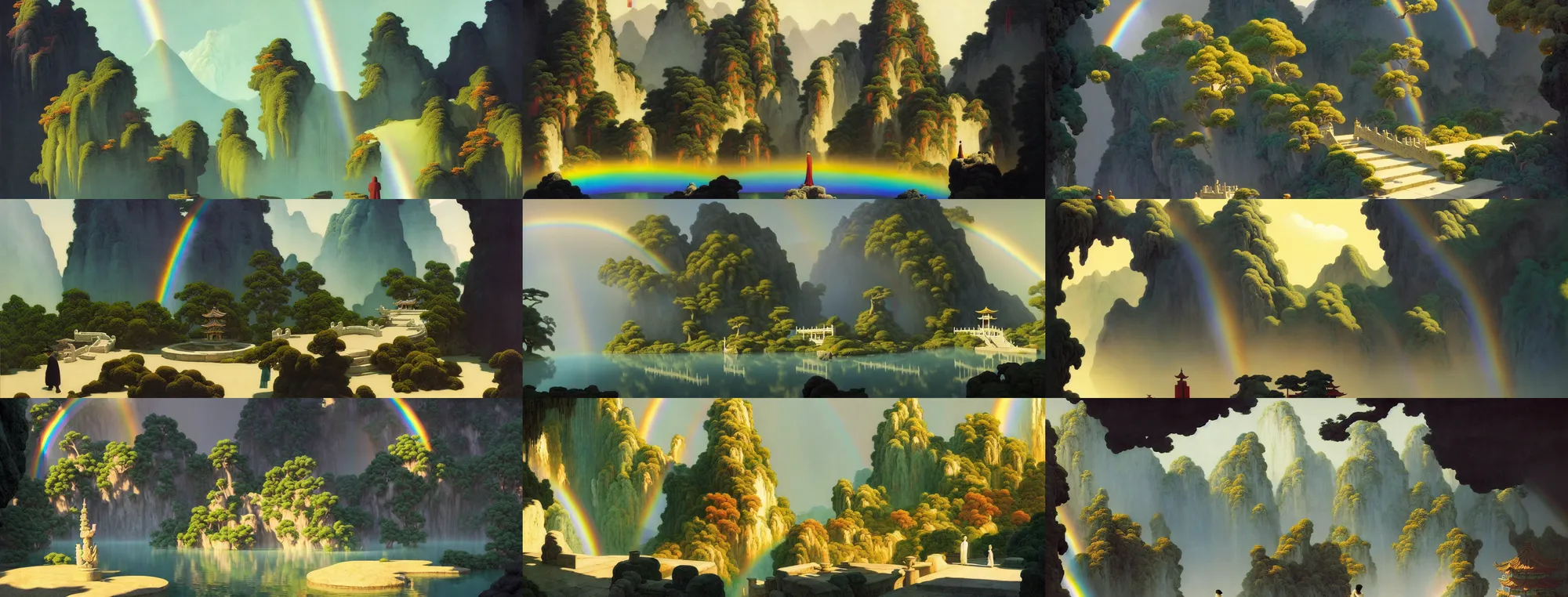 Image similar to a gorgeous landscape painting by barlowe wayne, maxfield parrish and marco mazzoni. chinese temple. sunny morning. a lonely chinese wuxia walks on the winding stone steps, stone gate to the dark cave, 3 d, octane render, turbulent lake, waterfall. fog, just one rainbow. 8 k.