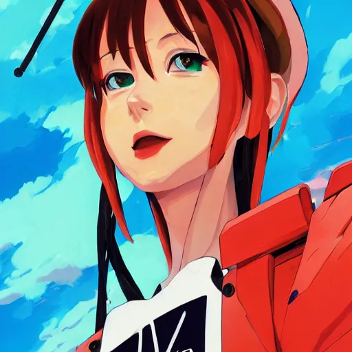 Prompt: asuka close - up, evangelion, gta 5 cover art, smiling borderlands style, cellshading, trending on artstation, by rhads, andreas rocha, rossdraws, makoto shinkai, laurie greasley, lois van baarle, ilya kuvshinov and greg rutkowski