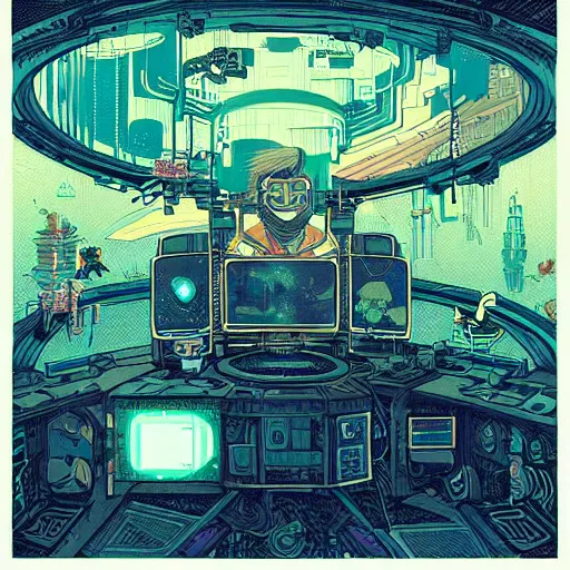 Image similar to Stunningly intricate illustration of a cyberpunk explorer playing video games in his treehouse, highly detailed, midnight, by Victo Ngai and James Gilleard , Moebius, Laurie Greasley