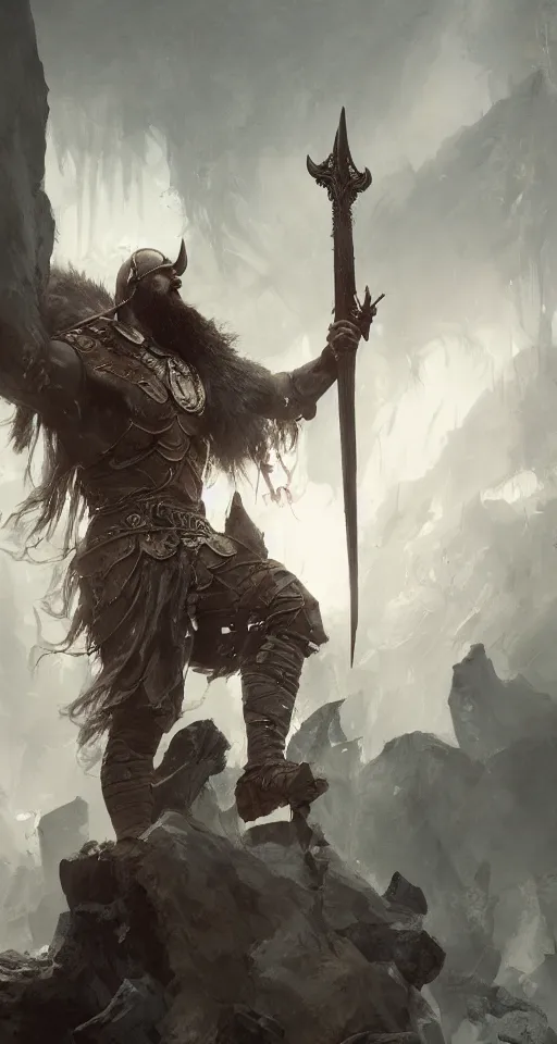 Prompt: the viking stands triumphantly as he enters the gates of valhalla. highly detailed, digital painting, artstation, smooth, sharp focus, illustration, masterpiece, art by ruan jia and jakub rebelka and artgerm