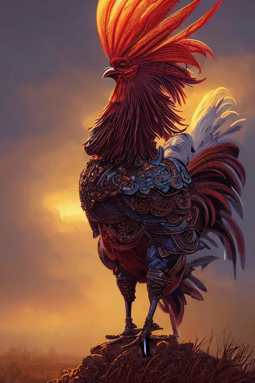 Image similar to a beautiful tarot card artwork of a rooster in armour, horror, backlit, gloomy sky, highly detailed, digital painting, intricate golden threads, by eddie mendoza and greg rutkowski and dan mumford and artgerm, vivid colors, detailed shading, 8 k resolution, intricate, smooth