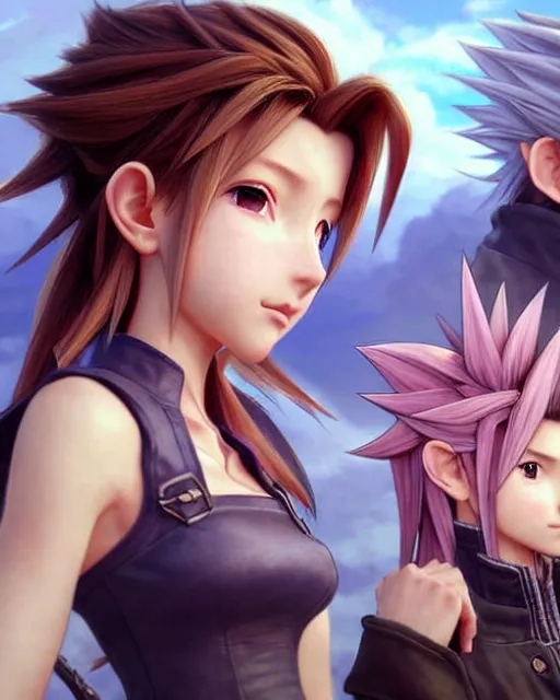 Image similar to character concept art of aerith gainsborough together with cloud strife at gold saucer, istinct - fine, key visual, realistic shaded perfect face, fine details by stanley artgerm lau, wlop, rossdraws, james jean, andrei riabovitchev, marc simonetti, sakimichan, and jakub rebelka, trending on artstation