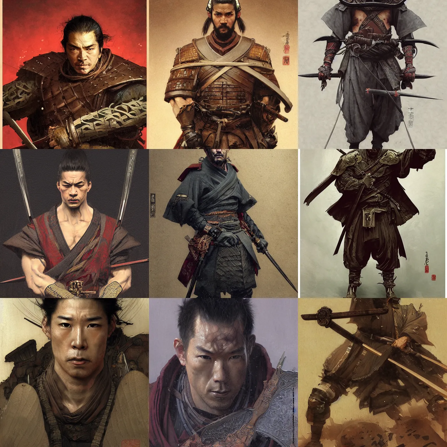 Prompt: The ronin, medieval japan, male, musculine, brutal, dangerous, deadly, dark tone, late evening, pale colors, portrait by Stanley Artgerm Lau, greg rutkowski, thomas kindkade, alphonse mucha, loish, norman Rockwell