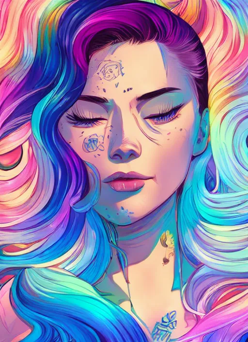 Image similar to a young woman with beautiful rainbow hair and lots of tattoos. clean cel shaded vector art. shutterstock. behance hd by lois van baarle, artgerm, helen huang, by makoto shinkai and ilya kuvshinov, rossdraws, illustration, art by ilya kuvshinov